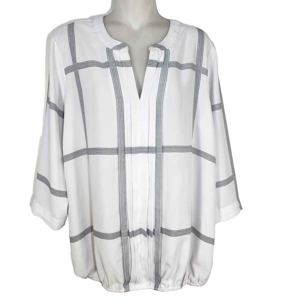 41 Hawthorn Blouse Womens Large White Black Juanis Pleated Detail Gathered Hem